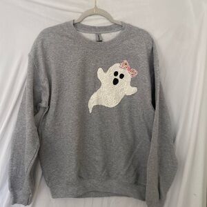 Embroidered  Ghost Sweatshirt/Halloween Ghost Sweatshirt gray Gildan sz med
